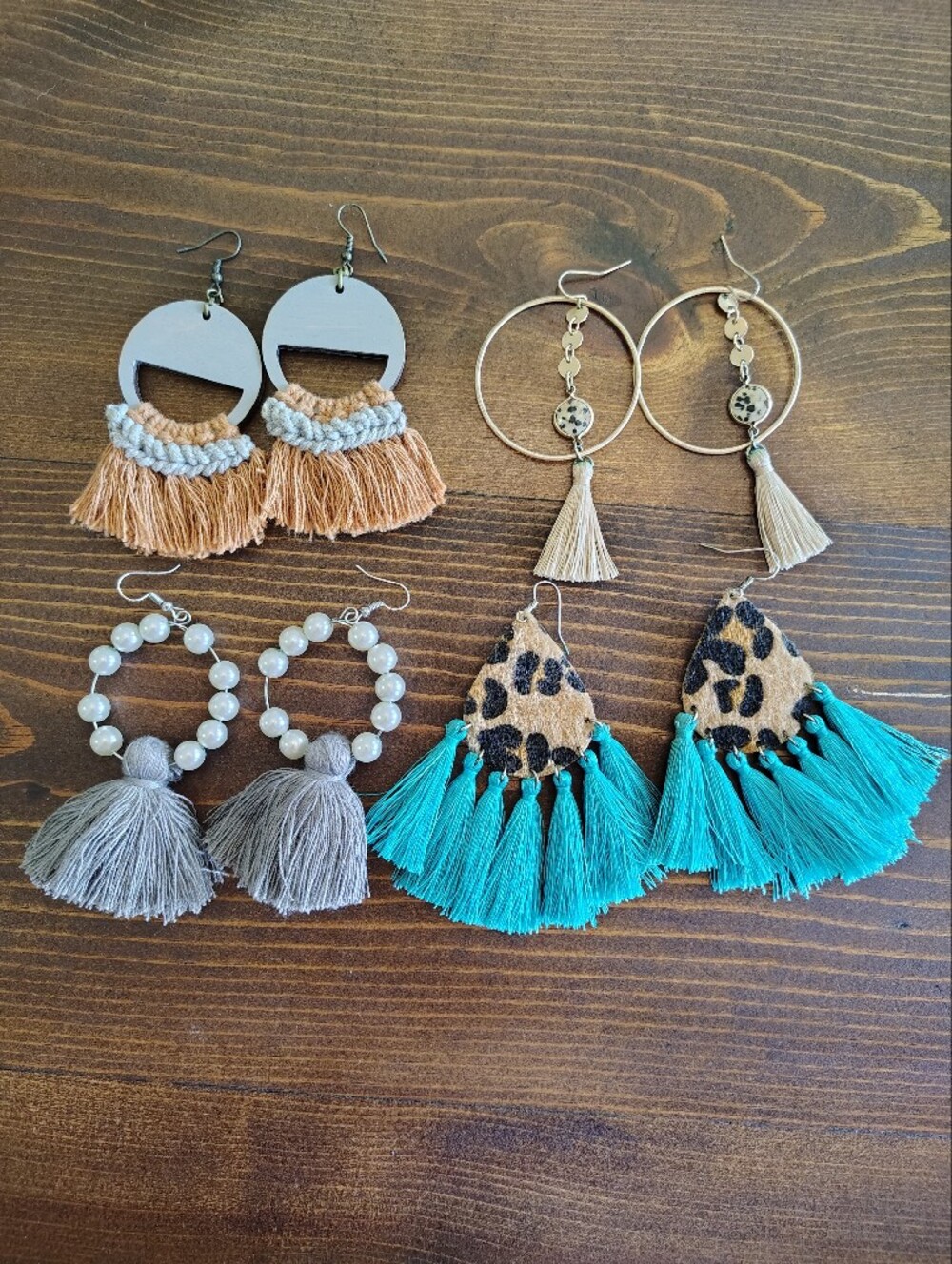 Bundle Of 4 Pairs Mixed Fringe Tassel Earring Set - Tan, Beige, Gray, Teal